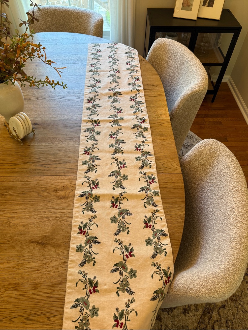 Studio McGee Embroidered Cream Table Runner with Green and Red Floral Motif